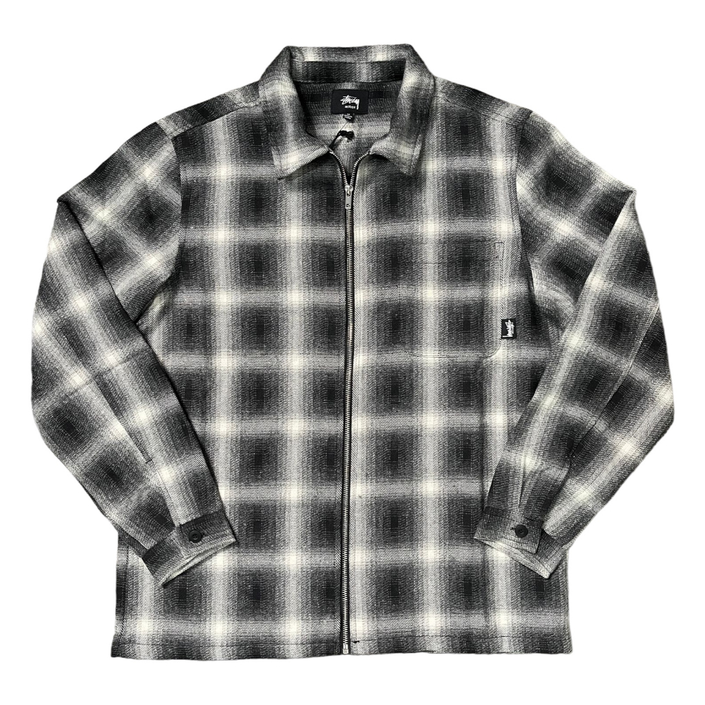 STUSSY SHADOW PLAID ZIP UP LS SHIRT - GREY