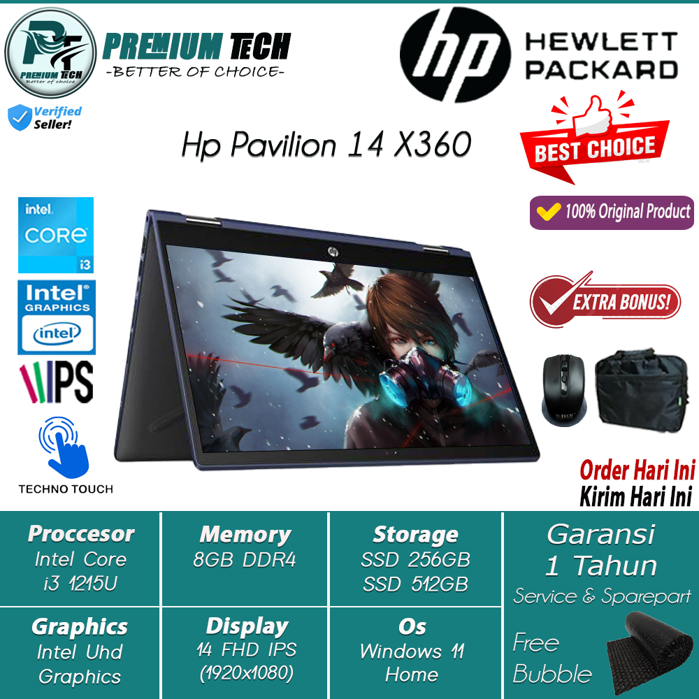 Laptop 2in1 Hp Pavilion X360 Intel i3 1215U 8GB 512GB SSD 14 FHD IPS Touch Windows 11 Home Blue Original