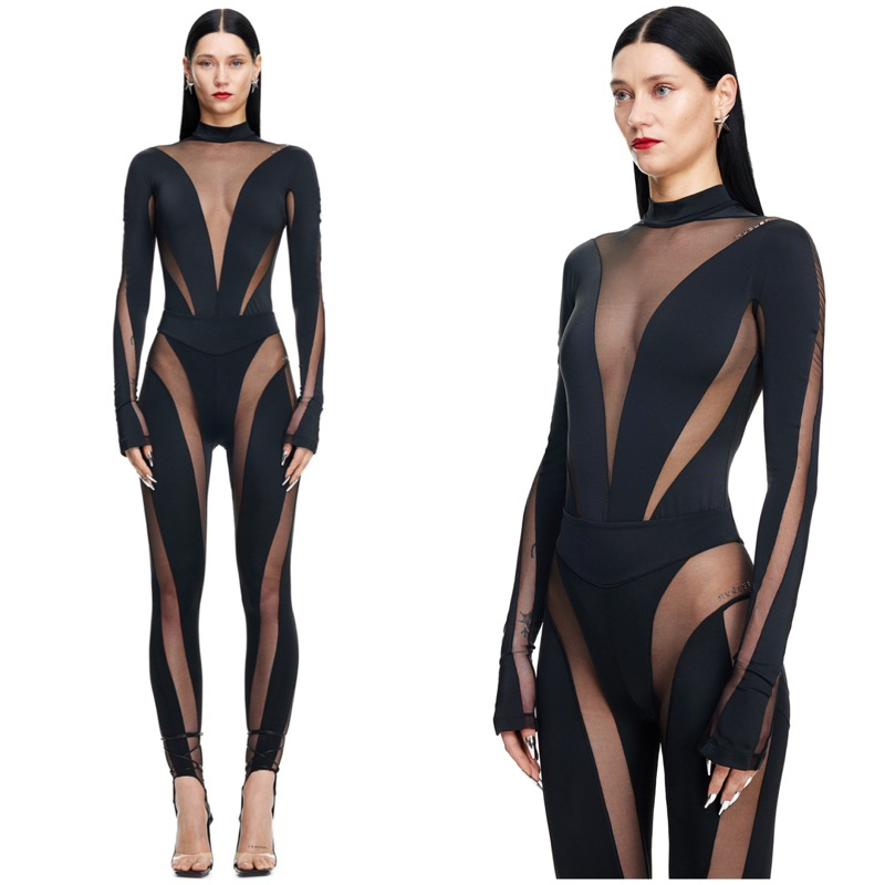 Set Mugler X H&M Mesh Panelled Bodysuit and Stirrup Leggings as seen on Micellehalim