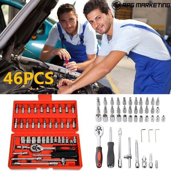 46pc/set socket (1/4 &quot;) Full Lengkap Socket Tool Kit Pas Ring L Motor Mobil kunci shok set