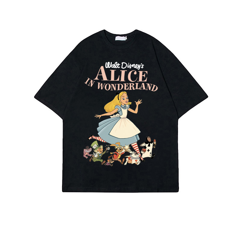 Kaos Puith Atasan Wanita Lengan Pendek Oversize  Alice In Wonderland Printed T-shirt Baju Wanita Kekinian Korean Style/Baju coklat