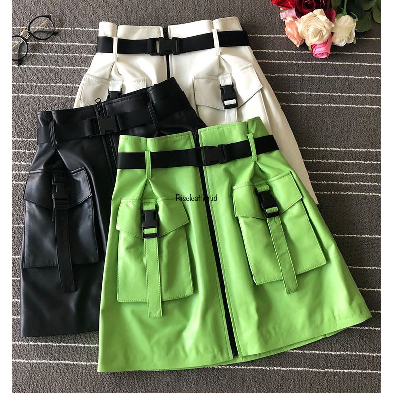 skirt leather big pouch cargo’s / rok mini kulit wanita model cargo