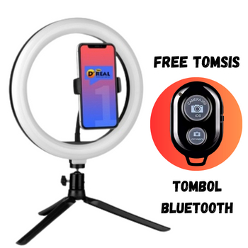 Ring Light LED 26 CM Selfie Vlogger Livestreaming + Tripod Pendek dan Free Tomsis