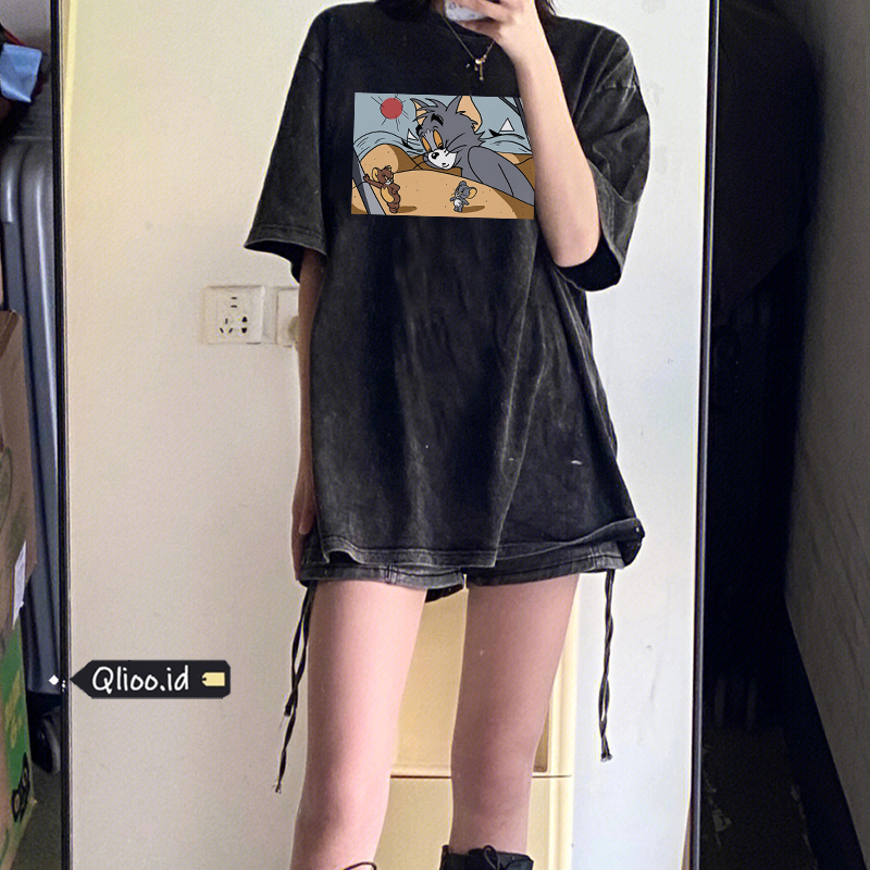 Print Washed T-shirt Kaos Lengan Pendek Oversize Cartoon Tom And Jerry Korean Style Atasan Wanita