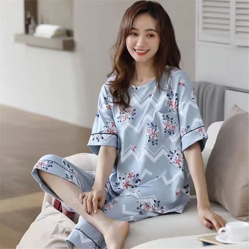 RULIF Flower Piyama Baju Tidur Setelan Oneset Rayon Premium Celana 7/8 lengan pendek