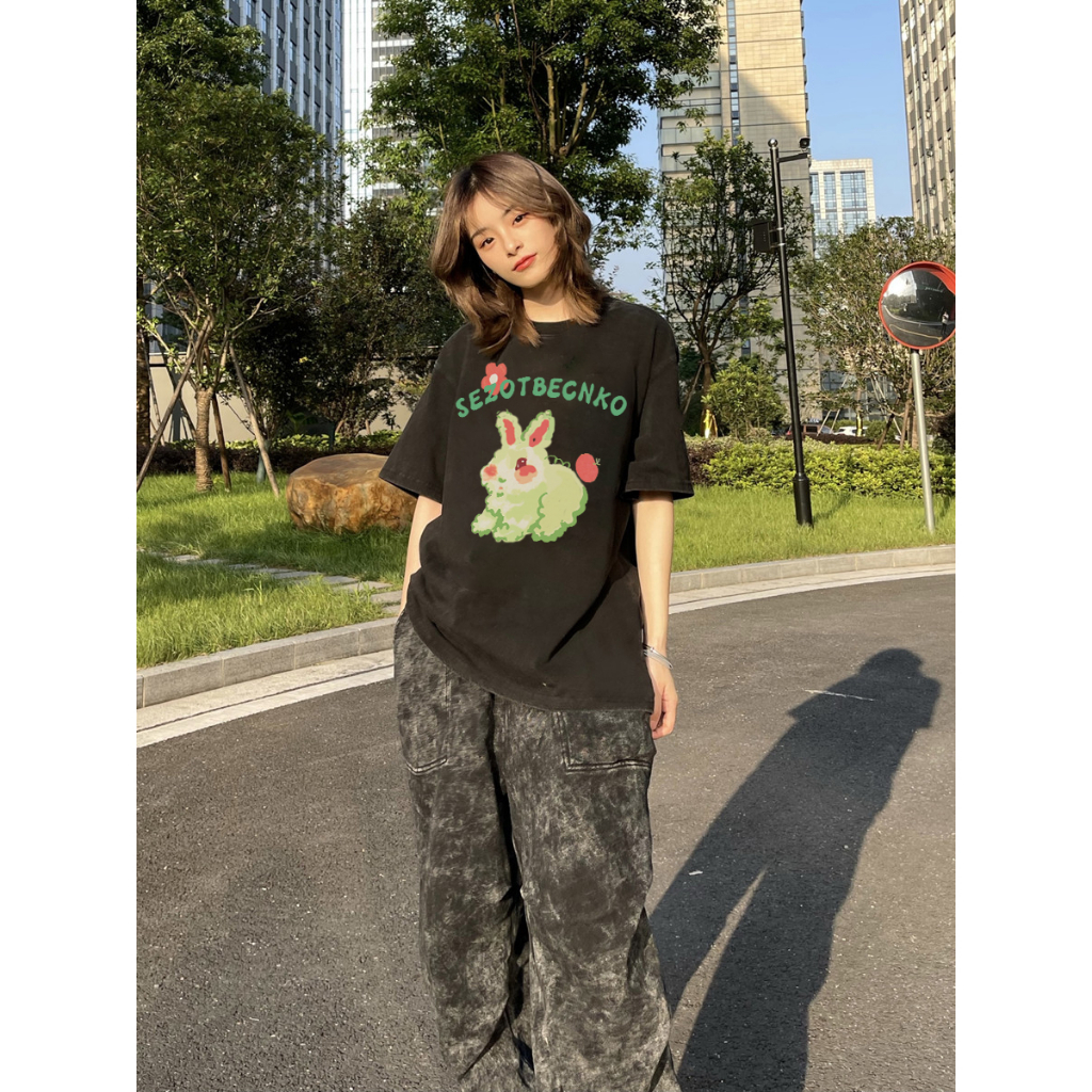 EUNII T-shirt Lengan Pendek Black Washed Cute Rabbit Printing Korean Style/Kaos Atasan Wanita/Baju Wanita/Kaos Wanita