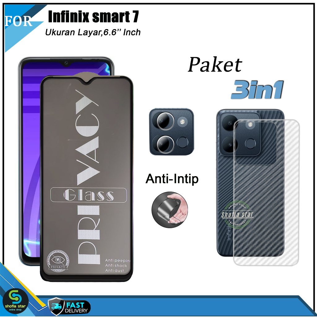 PAKET 3IN1 Tempered Glass Ceramic Privacy Infinix Smart 7 Infinix Smart 7 HD Anti Spy Full Cover Bonus Anti Gores Kamera Dan Skin Carbon 3D