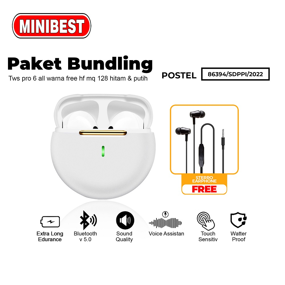 MB MINIBEST TWS Earphone Headset Bluetooth PRO6 Headphone Suara Super Bass, Earbud Nirkabel Earphone Tws dengan Kotak Pengisian