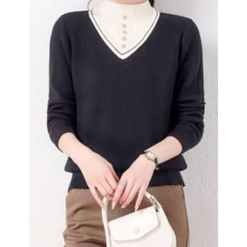 ❤️ PREMIUM IMPORT ❤️ READY ! SANDRA HIGH NECK BUTTON LONG SLEEVE KNIT SWEATER BLOUSE