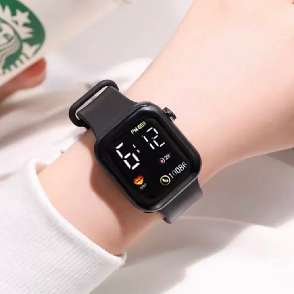 Fast iD -Jam Tangan Digital LED JT281 Tali Satu Warna Rubber Kotak Unisex Watch Electronic Fashion Korean Style Persegi  Pria Wanita Couple Anak Remaja Import Jam Tangan Model Series 8