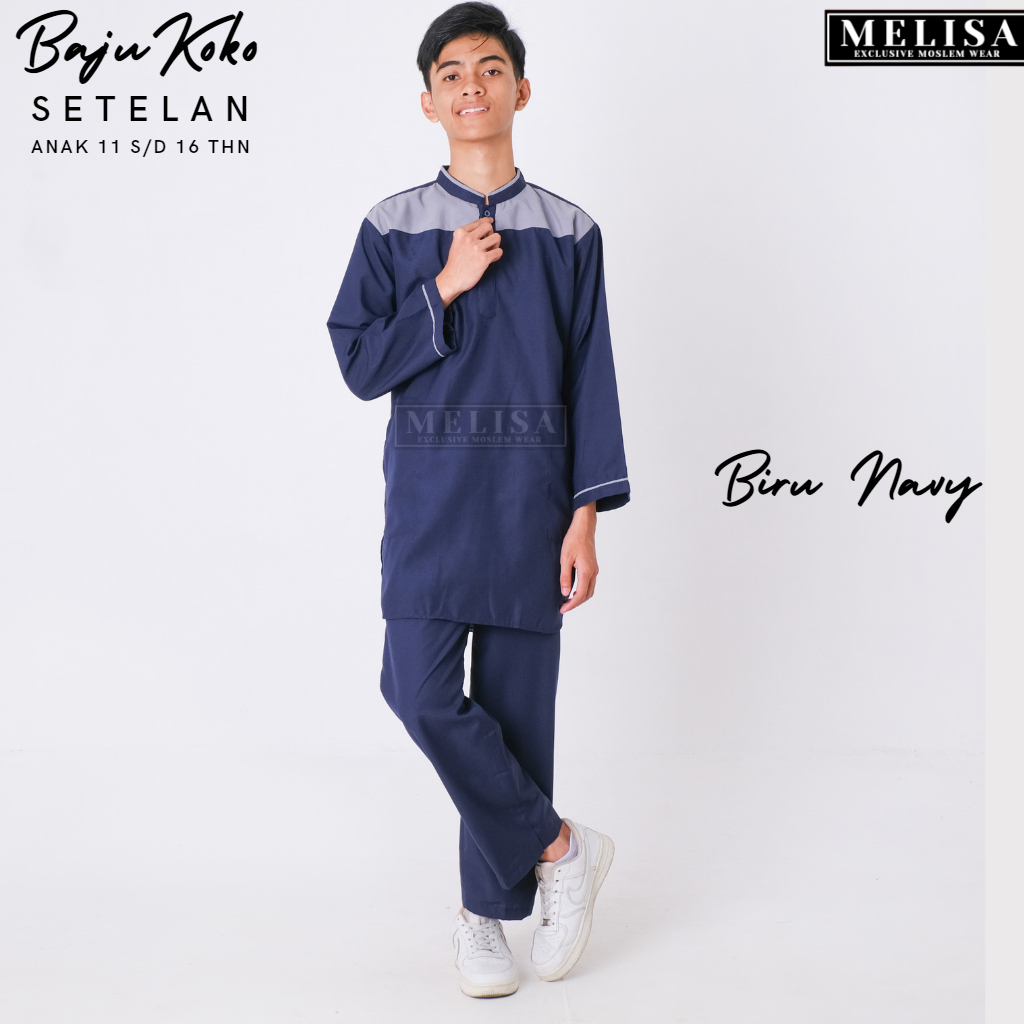 Setelan Kurta Baju Koko Muslim Anak Laki Laki Remaja Tanggung Umur 11 12 13 14 15 16 Tahun Warna Biru Navy