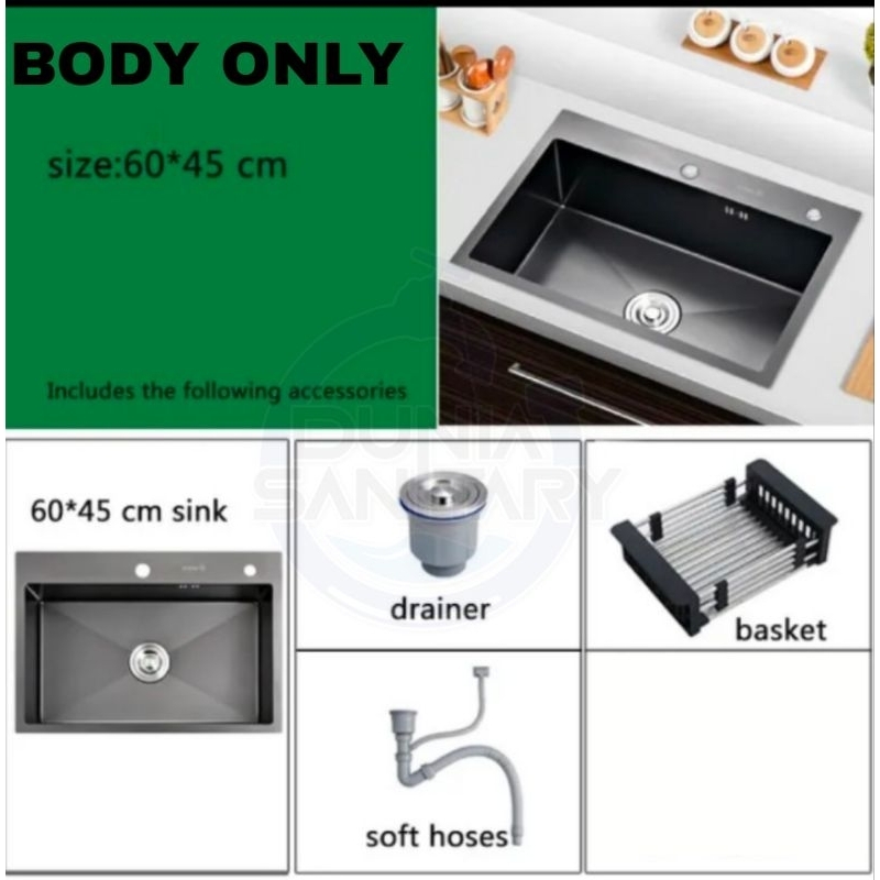 Paket Lengkap Kitchen Sink 6045 Paket Kran Tarik Hitam Bak cuci piring Tirisan Tarik