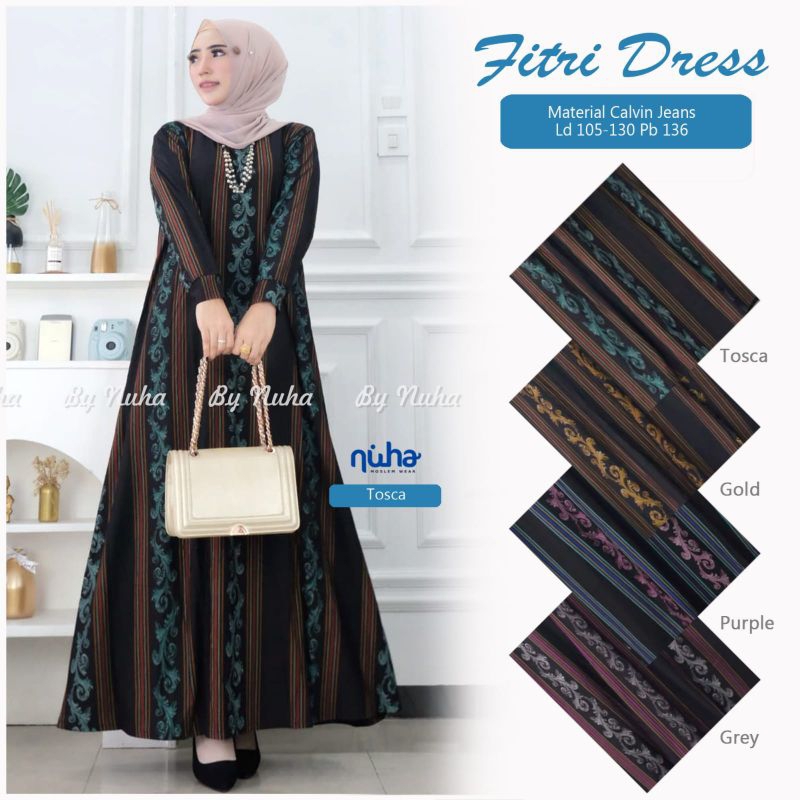 Fitri Maxy Dress Bahan Calvin Jeans Gamis Jumbo Oversize LD 130 CM
