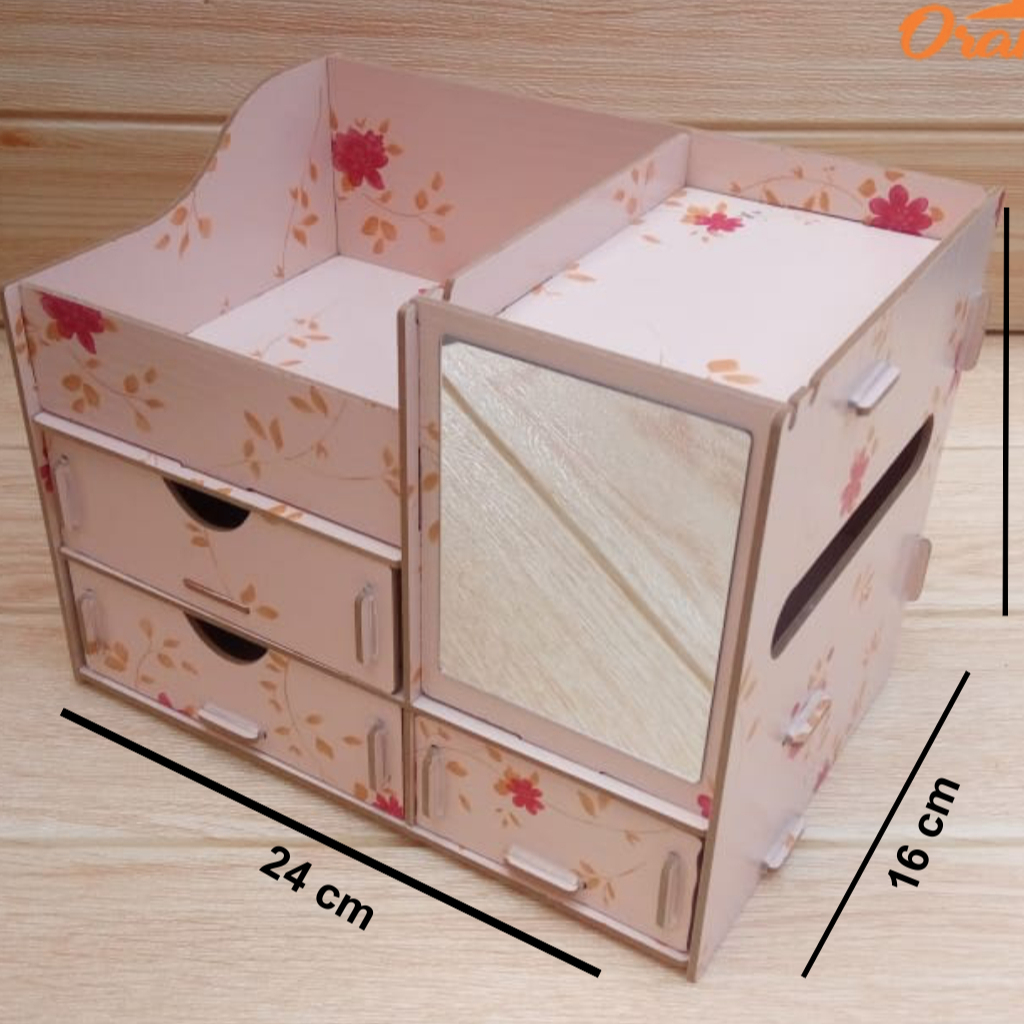 Rak Kosmetik Mini Cosmetic Storage Mini Kotak Penyimpanan Makeup Rak Mini Bahan Kayu Lengkap Dengan Cermin