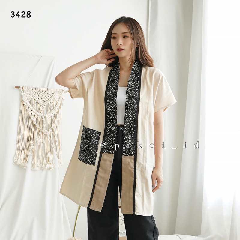 Cardigan batik wanita modern katun linen polosan / Outer etnik wanita simple lengan panjang 241 caro