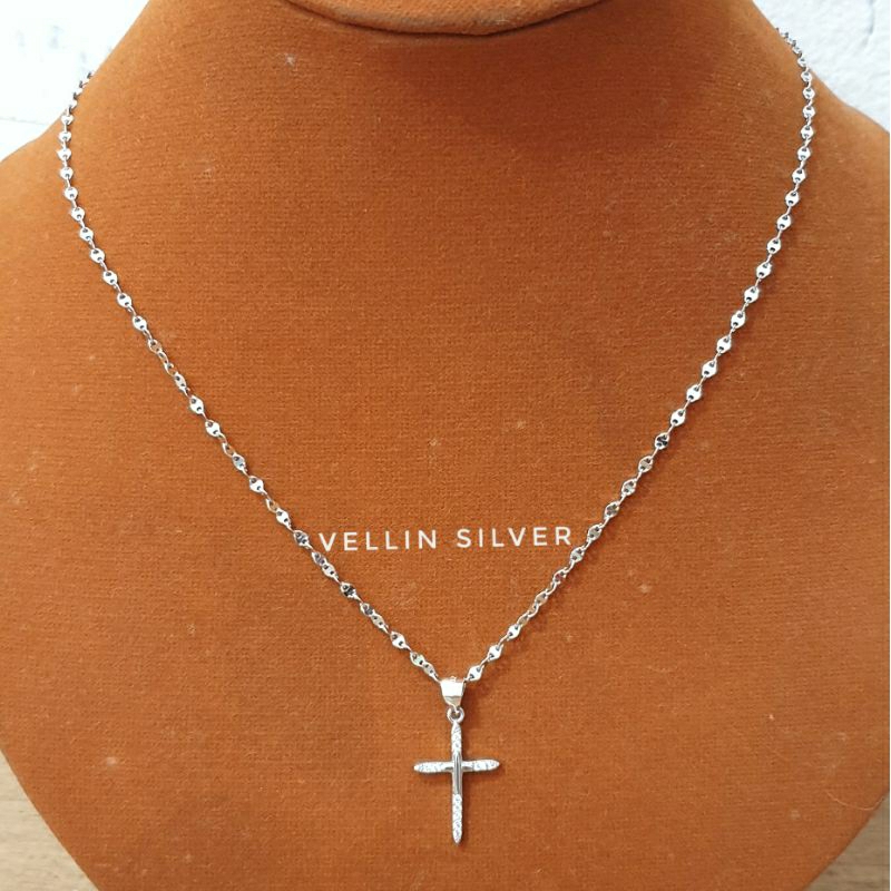 Set Kalung Liontin Salib Silver 925 Lapis Emas Putih - Kalung Salib Wanita Perak Asli