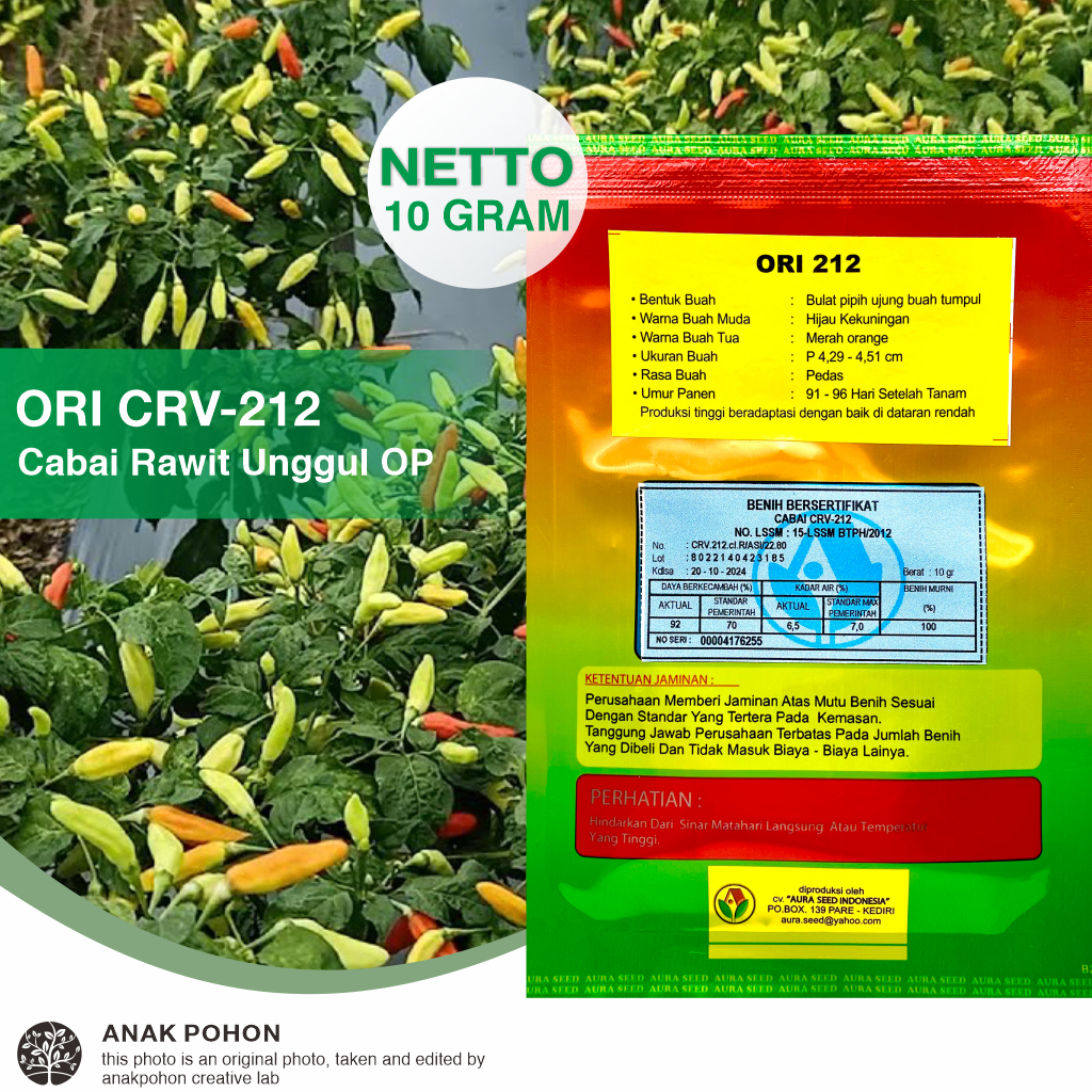 (1 PACK) Benih Cabai ORI 212 Cabe Rawit Unggul CRV-212 OP Produksi Tinggi - AURA SEED - 10 GRAM