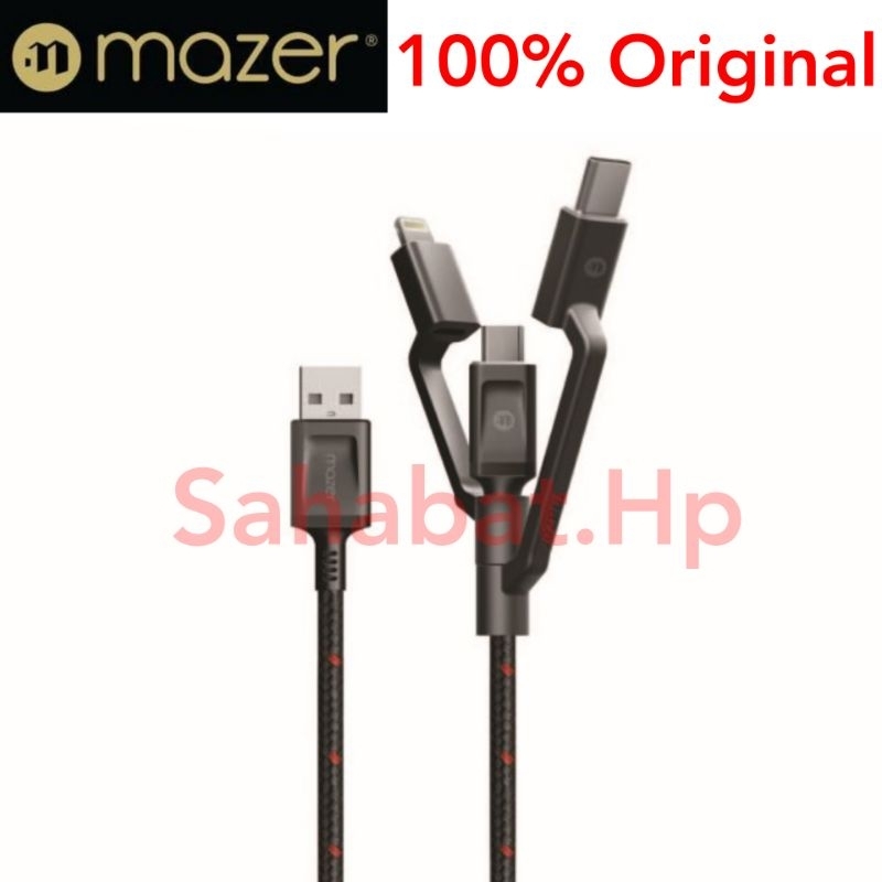 Mazer Original 3in1 USB Type C Lightning MFI QC4 QC3 Fast Charging Cable 3 in 1 Tek II Rugged 18cm K