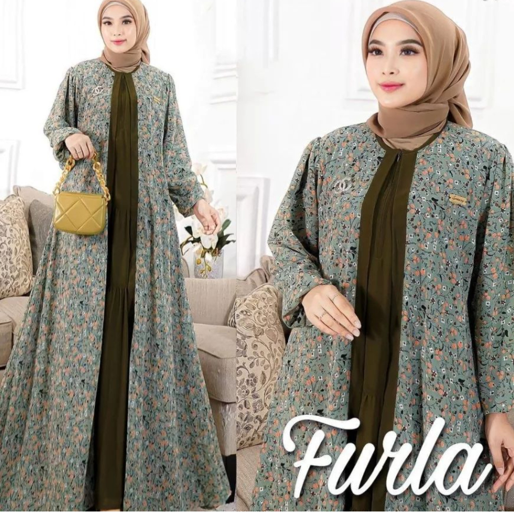 furla gamis ceruty babydoll motif bunga dress muslimah 2 layer terbaru baju lebaran wanita 2023