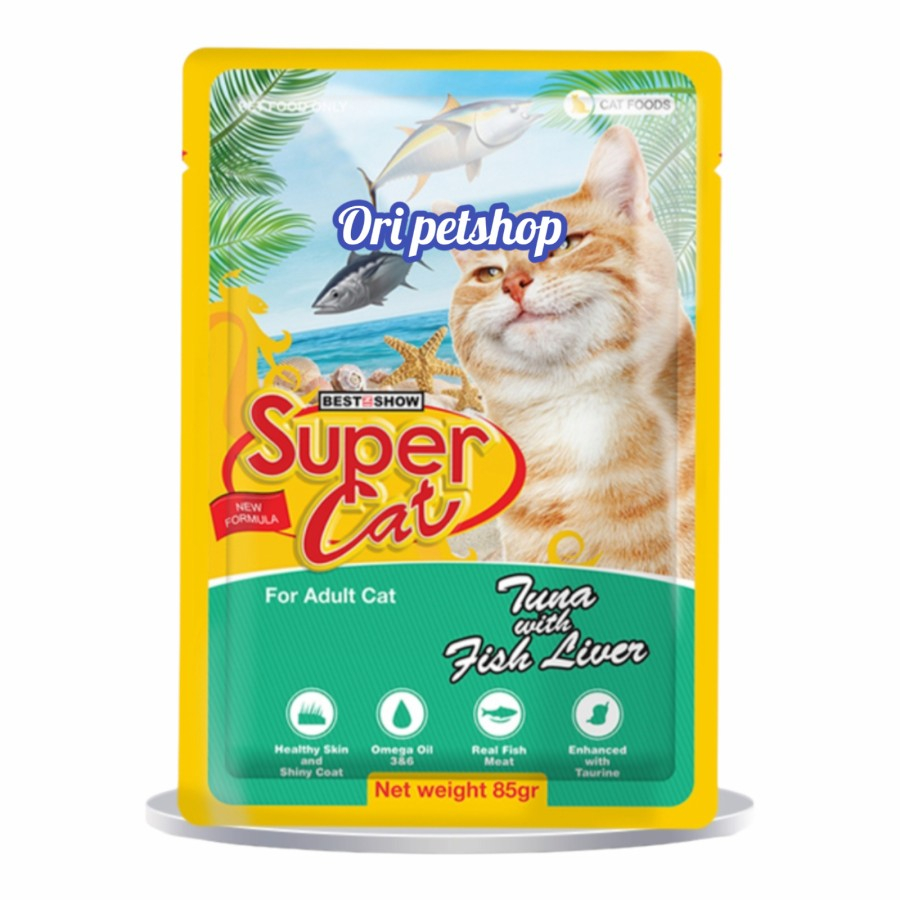 (6x) SUPERCAT Pouch Adult Tuna Fish Liver Makanan Basah Sachet 85gr