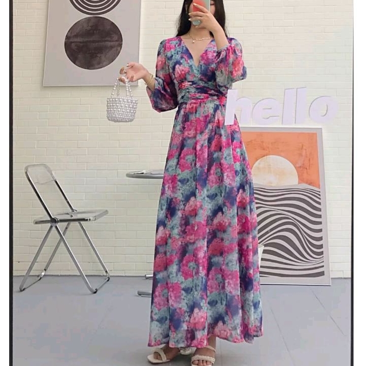 97790 Baju maxidress longdress FLORAL MAXI DRESS VNECK lengan panjang dres Korea Korean style bunga 