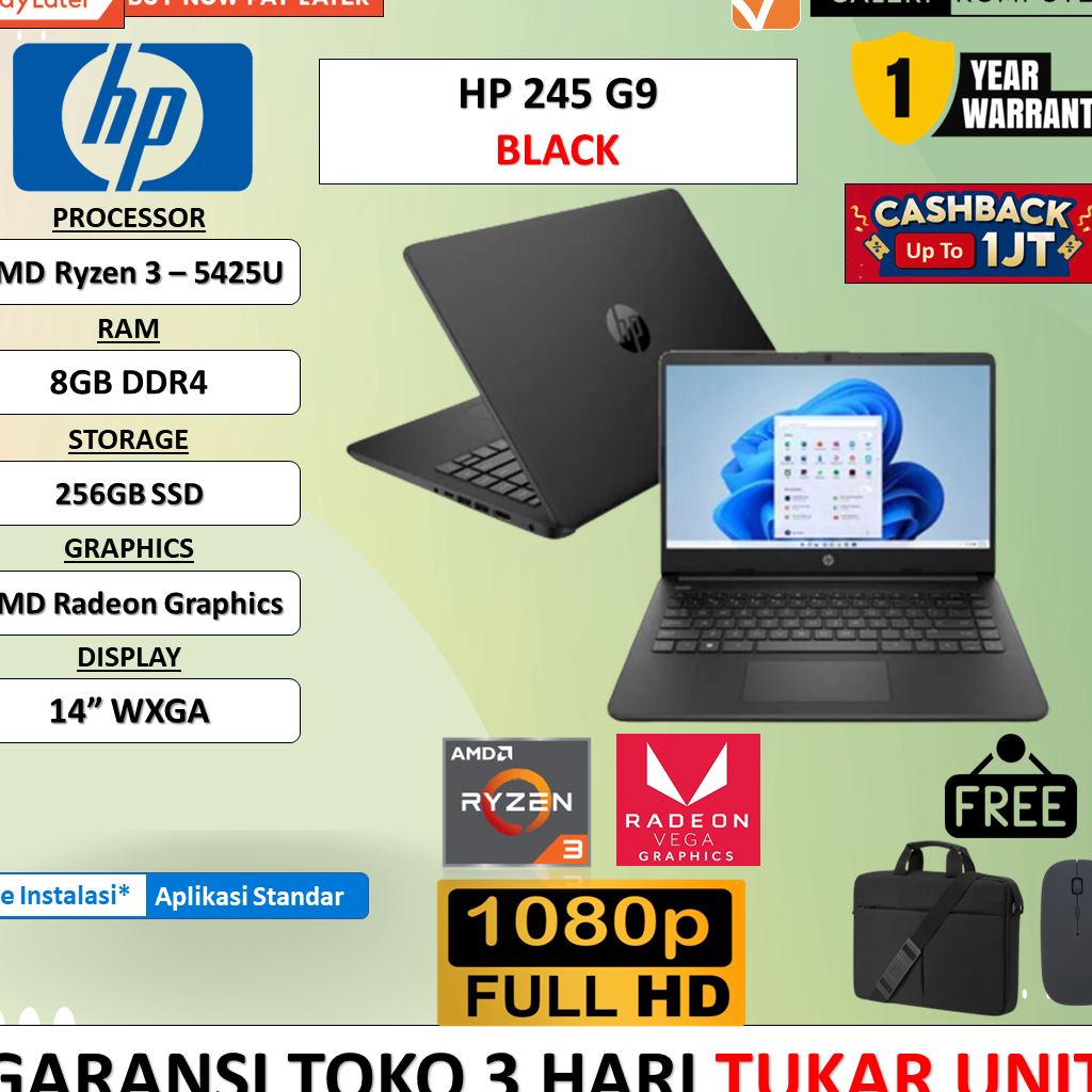 LAPTOP GAMING MURAH HP 245 G9 AMD RYZEN 3 5425U RAM 8GB 512GB SSD RADEON 7 GRAPHICS 14 HD WINDOWS 11 HOME TERMURAH