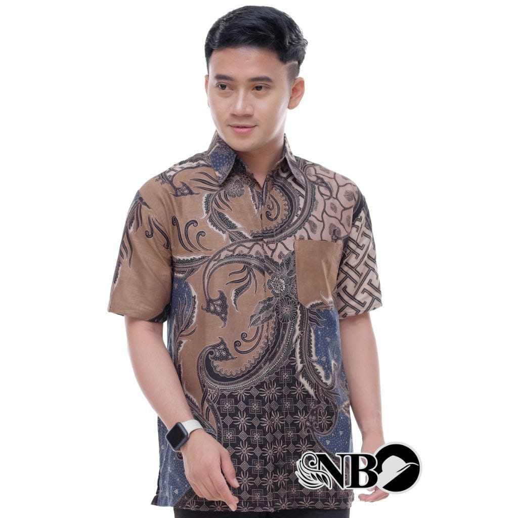 Batik Pria Lengan Pendek Premium BATIK AZMIL HRB026 motif KERATONAN Kode 002 size M L XL XXL