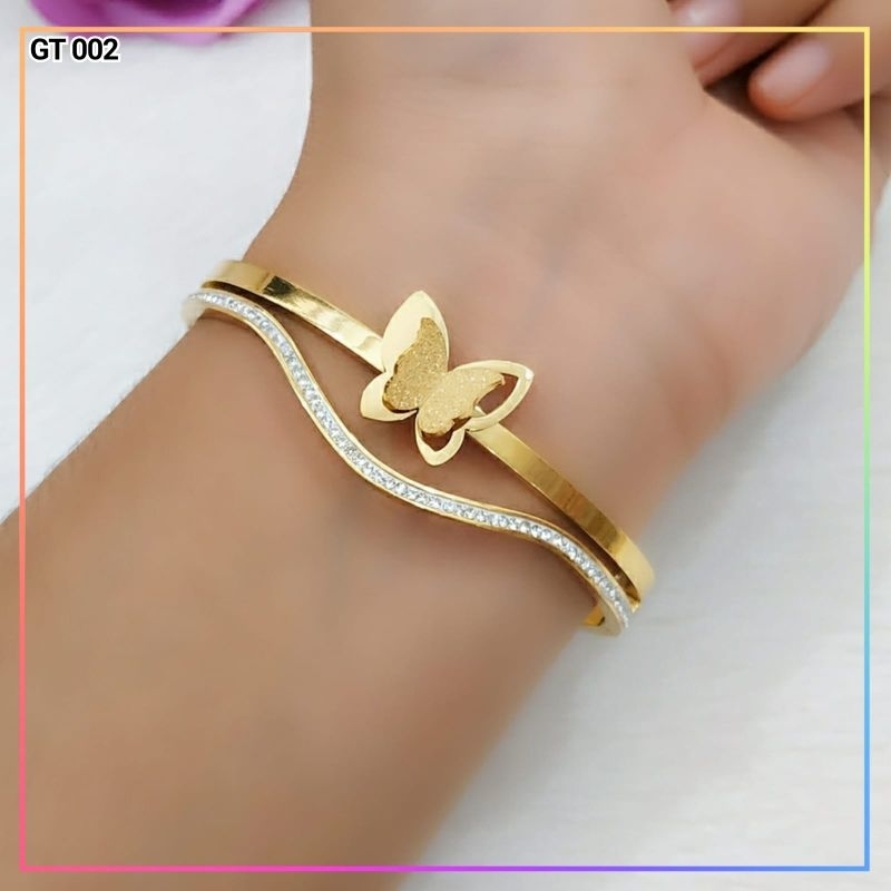 Gelang titanium/stainless steel Gelang Bangle Dewasa Kupu Gold Perhiasan Anti Karat GT 002