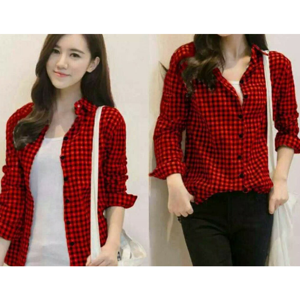 Kemeja kotak kecil kemeja wanita kemeja lengan panjang bahan katun kotak kotak size L dan XL