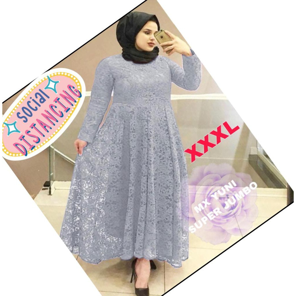 Yuni Gamis Warna Putih Abu Silver Jumbo Oversize Bigsize XXL-XXXL Maxi Dress Brukat Tulang Timbul Re