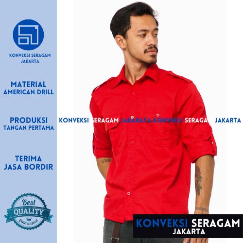 Baju Kemeja PDL Lengan Panjang Seragam Kerja Dinas Lapangan Outdoor Outdor Gunung Komunitas Custom Bordir Merah Pria Wanita