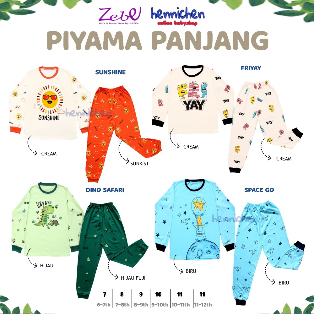 ZEBE SETELAN PIYAMA BAJU PANJANG CELANA PANJANG SETELAN PIYAMA BAJU ANAK UNISEX 7-12 TAHUN