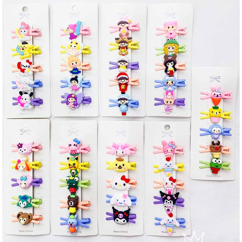 1 SET 5PCS | JEPIT RAMBUT ANAK SILANG ALA KOREA MOTIF KARAKTER KARTUN / JEPITAN ANAK SILANG / JEPITAN KOREA