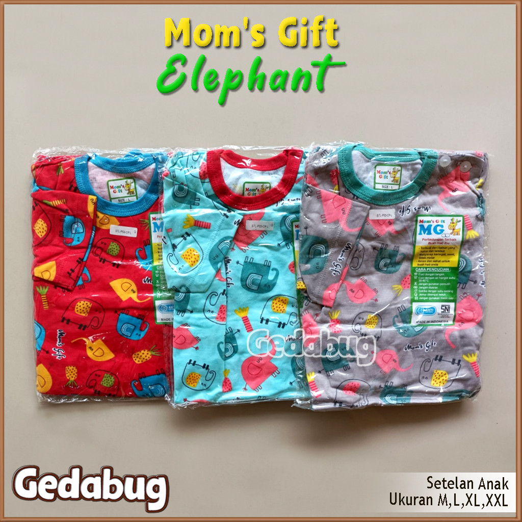 3 Setel - Setelan Kaos Anak Mom's Gift Elephant PENDEK | Setelan Baju bermain Anak Moms Gift | Gedabug