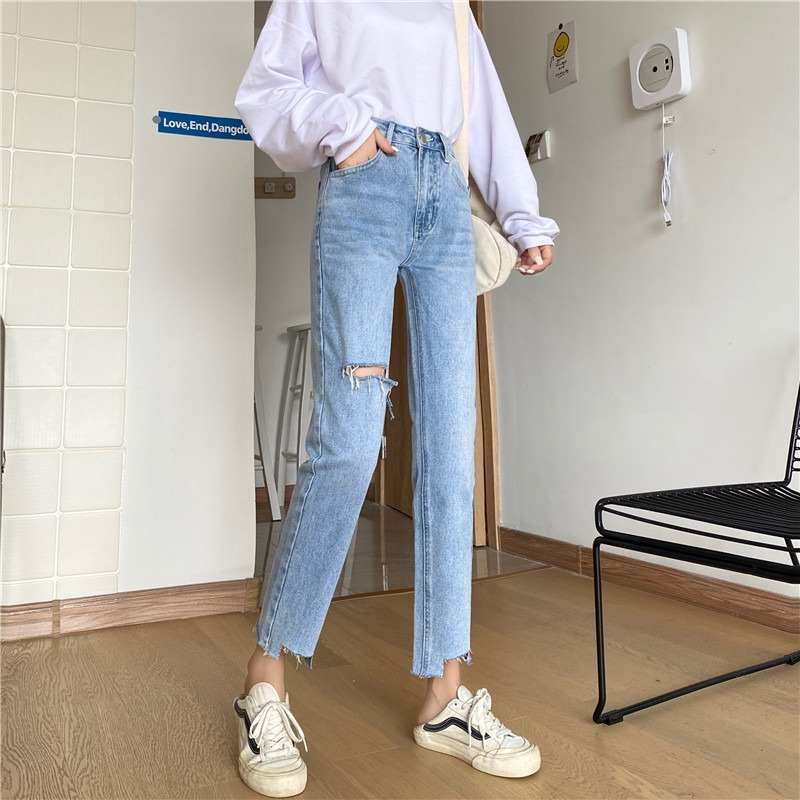 【 Penawaran Istimewa 】Highwaist Robek Kasual Celana Jeans Wanita Rawis Biru