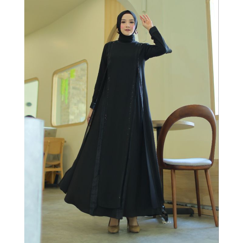 GAMIS ABAYA TURKEY MODEL SHANGHAI BORDIR PAYET FULL HITAM