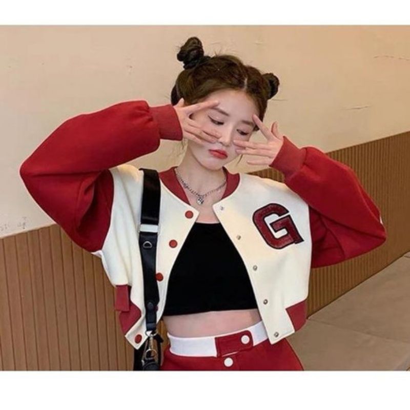 G baseball Crop Jaket Baseball Wanita Varsity _ Jaket Crop Baseball G Korean_