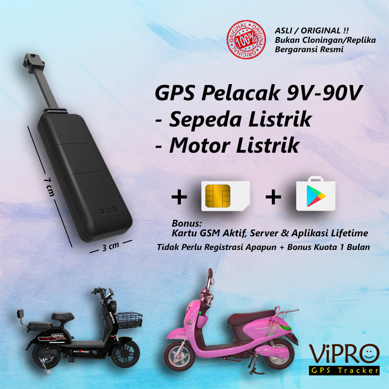 GPS Tracker Pelacak Sepeda &amp; Motor Listrik 9V sampai 90V + Aplikasi &amp; Kartu