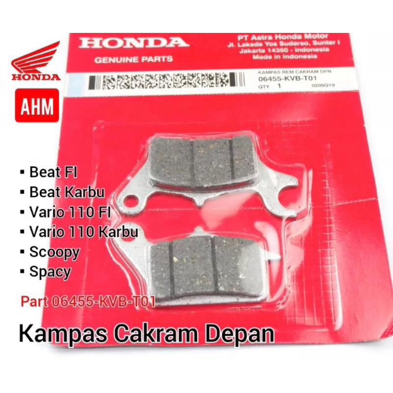 KAMPAS REM DEPAN 06455-KVB-T01 DISCPAD DEPAN VARIO 110 BEAT FI VARIO 125 SCOPPY VARIO CBS VARIO 125 TECHNO PCX ABS  ORIGINAL AHM KAMPAS REM BEAT TERLARIS KAMPAS REM VARIO TERLARIS KAMPAS REM SCOOPY TERLARIS HONDA ORIGINAL