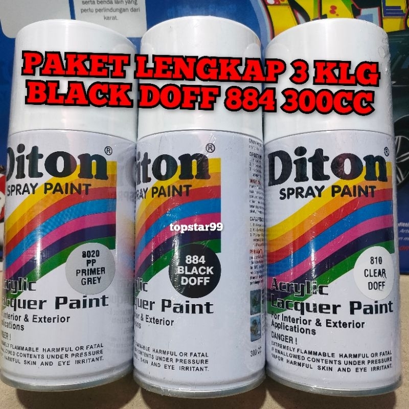 Pilok Cat Diton Paket Lengkap 3 Kaleng 300cc Black Dof Hitam Dop 884 Primer Grey 8020 Clear Doff 810