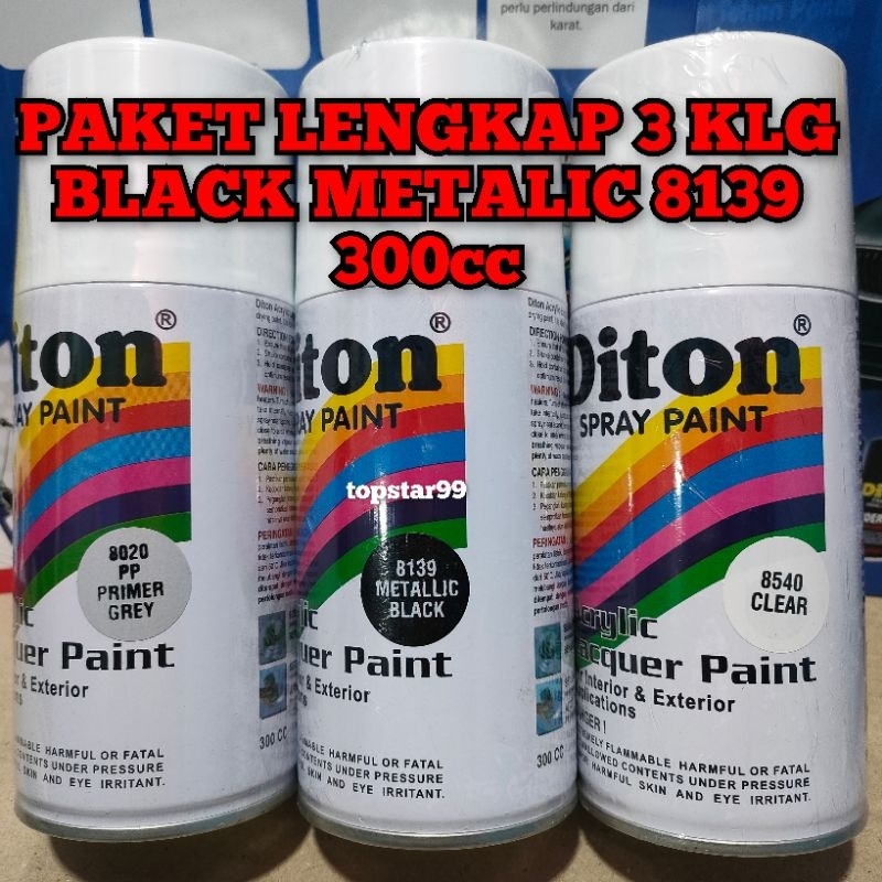 Pilok Cat Diton Paket 3 Kaleng 300cc Hitam Black Metalik 8139 Primer Grey 8020 Clear Glossy 8540