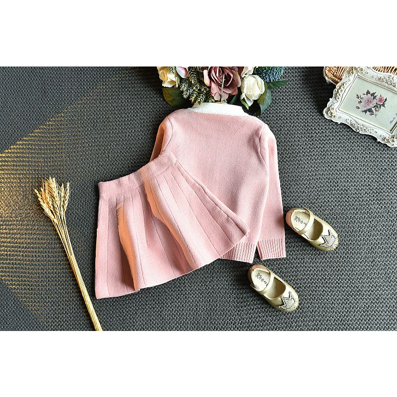 Setelan Sweater Rok Rajut Pink Anak Perempuan Korean Style Motif Pita Putih