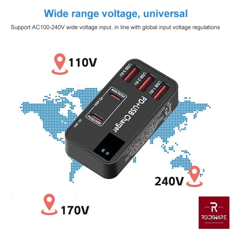 ROCKWARE WLX-988B - Mini Small Household USB PD Charger 5-Port 48W MAX