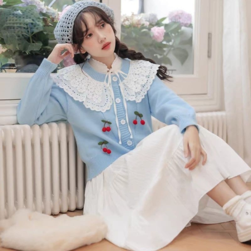 MDLV ~ H355# Ayumi Lace Collar Knit Cardigan Korea