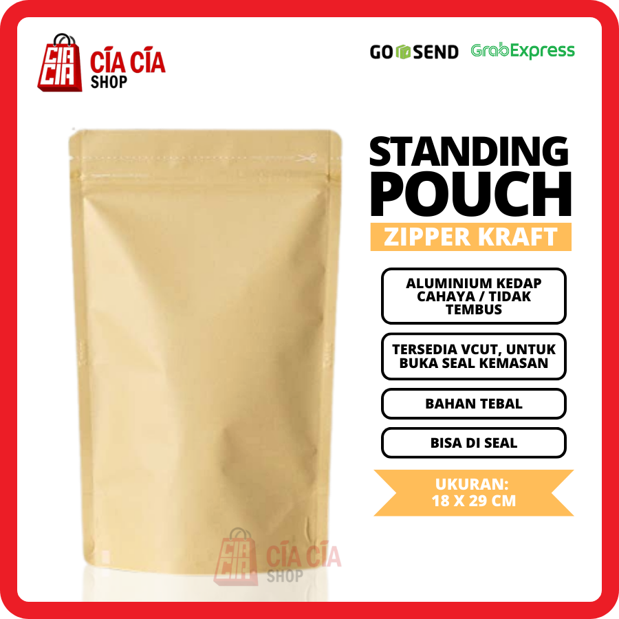 Kemasan Standing Pouch Zipper Alu Eco Kraft Fd.Grd Kedap Cahaya 18x29