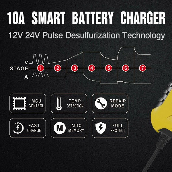 Charger Baterai Aki Mobil Motor Automatic Detection 12V 24V - FBC122410D - Black/Yellow