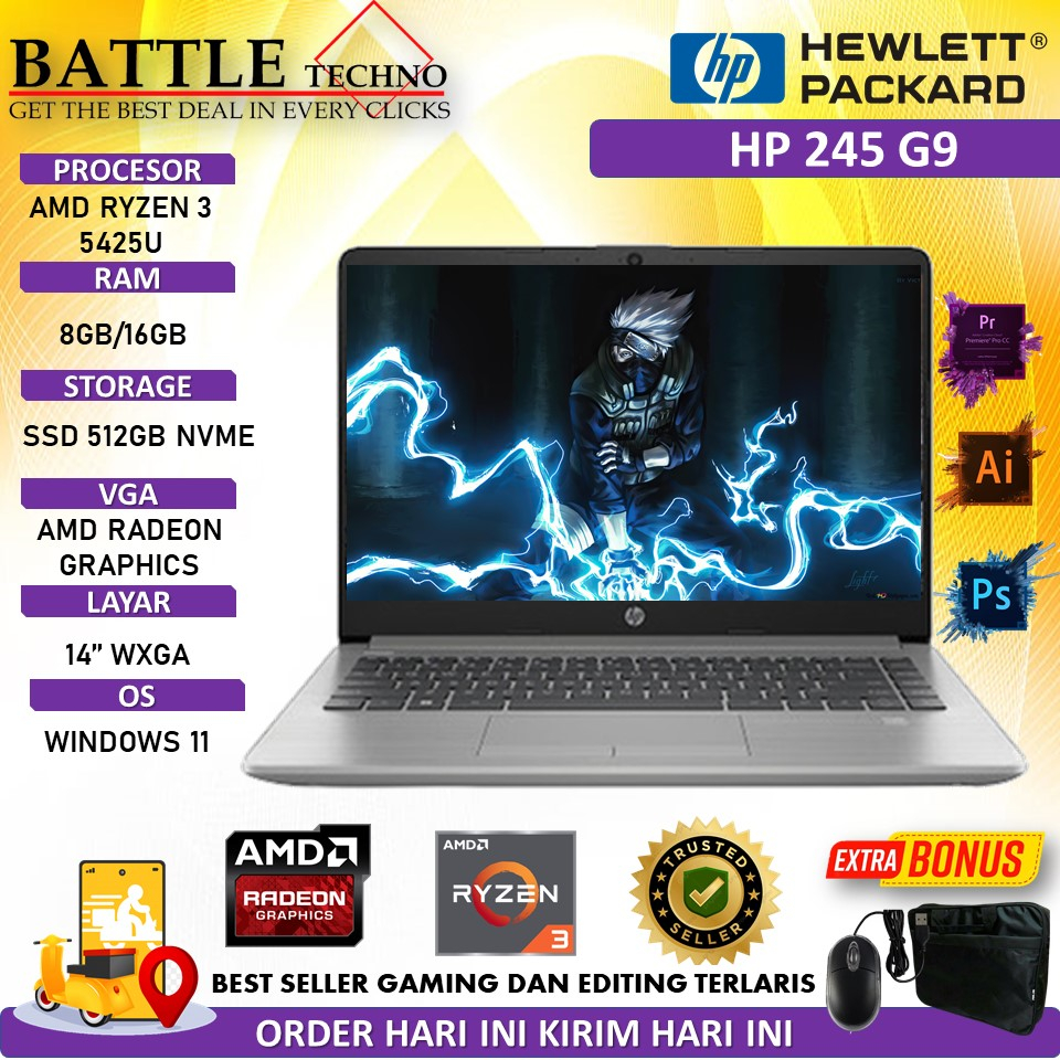 LAPTOP GAMING HP 245 G9 AMD RYZEN 3 5425U 24GB 256GB 14&quot; WXGA WIN11HOME GREY RESMI