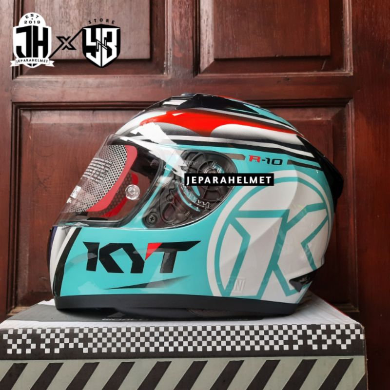 Helm Full Face KYT R10 Motif Seri Aquamarine Blue Glossy Flat Visor Clear Original | KYT R10 Full Fa