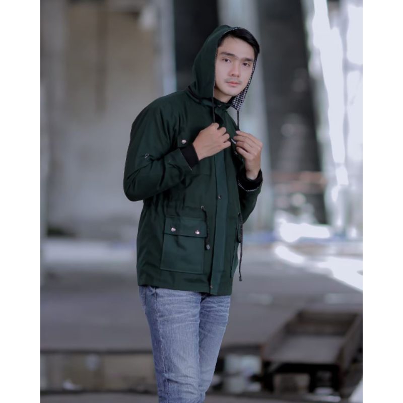 Jacket Semi Parka Pria Wanita Canvas Polos Hijau Botol Original Premium Jaket Trucker Original Distro Termurah Kekinian Korean Style