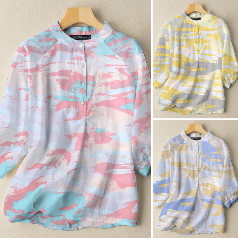 ZANZEA Women Elegant Stand Collar 3/4 Sleeves Button Loose Tie Dye Print Blouse